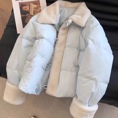 ブルーラムステッチ甘い綿服 2025 冬厚みのある新しいショート暖かいルーズパンジャケット