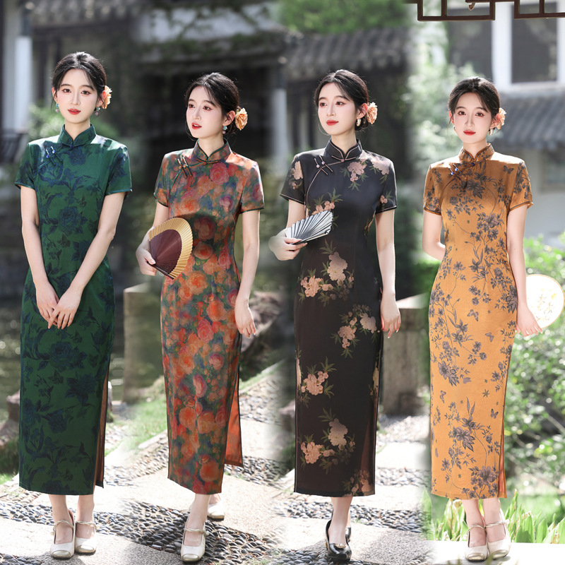 2026 Chinese Style Spring and Summer New Qipao Long Dress Elegant Double-Sided Satin Slim-Fit Dress Mother's Performance Outfit Wholesale