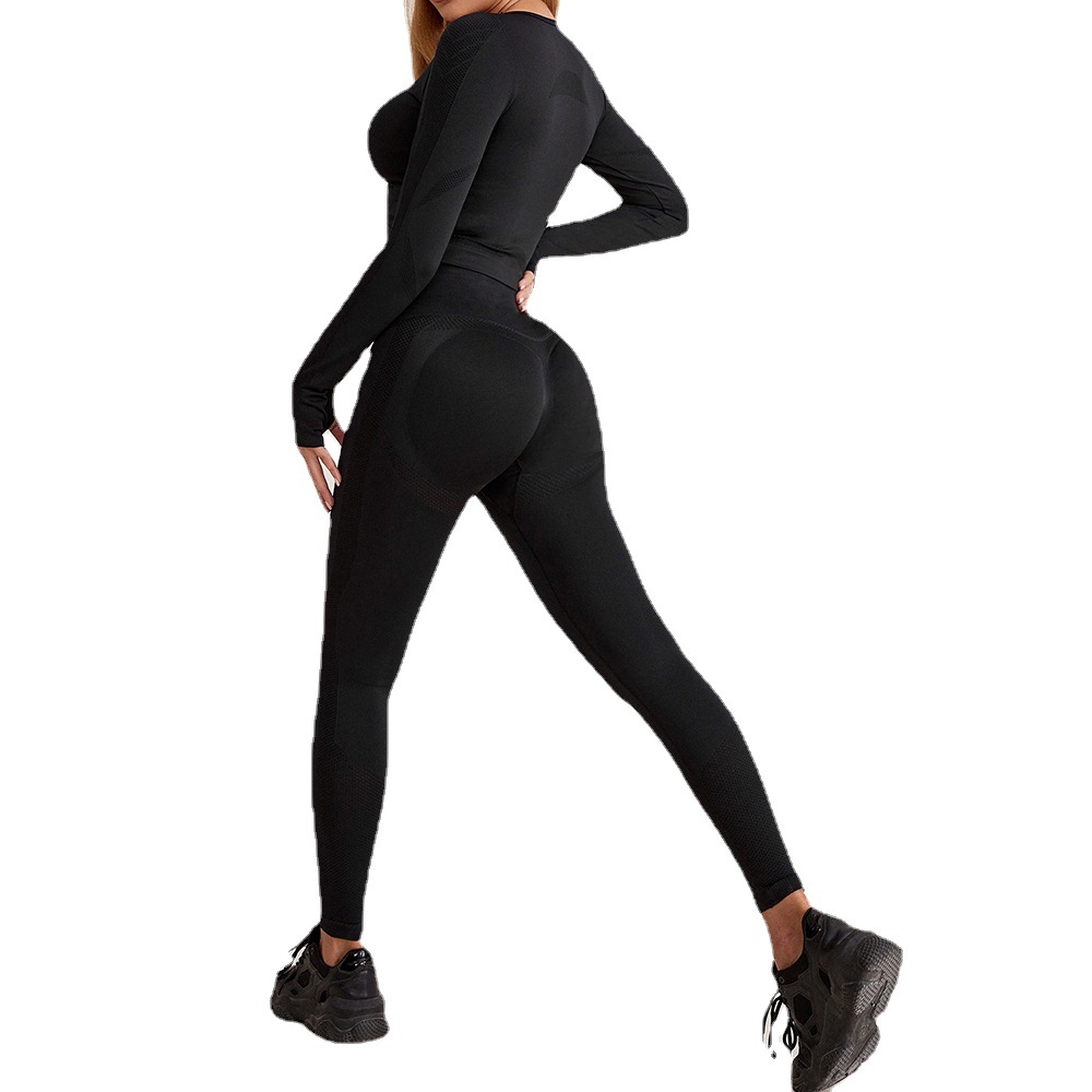 纯色点点运动抽绳长袖无缝健身服跑步健身提臀紧身裤瑜伽服套装女