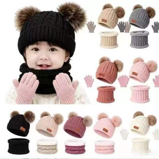 Cross-border foreign trade baby knitted hat Amazon autumn and winter warm pullover wool children's hat three-piece set for girls