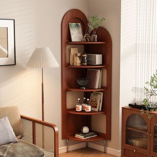 New Chinese Style Retro Rattan Corner Cabinet Living Room Corner Wall Shelf Walnut Solid Wood Bookcase Bookshelf Storage Cabinet