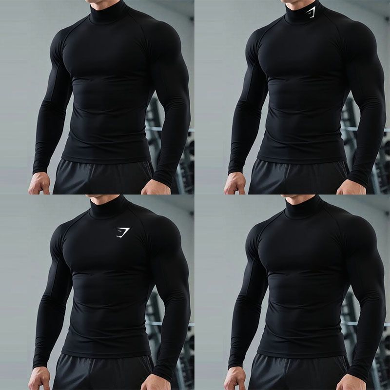 Shark sports high-neck elastic long-sleeve tight-fitting shirt, sweat-absorbing training basketball fitness muscle shirt, men's fitness clothing