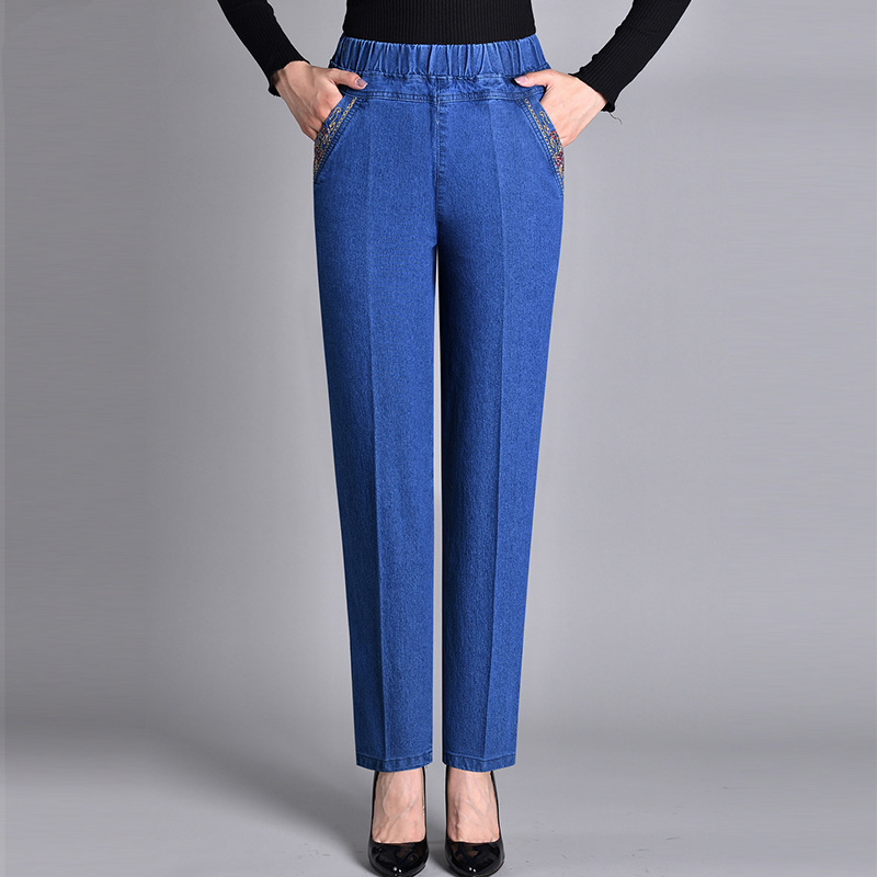 Women's Loose-Fitting Jeans with Elastic Waistband, Stretchy, Casual High-Waisted Pants for Middle-Aged and Elderly Women, Fleece-Lined, Dark-Colored, Slimming Effect