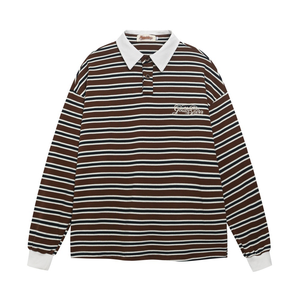 美式复古条纹翻领T恤男士春秋季休闲宽松长袖套头POLO衫INS高街潮