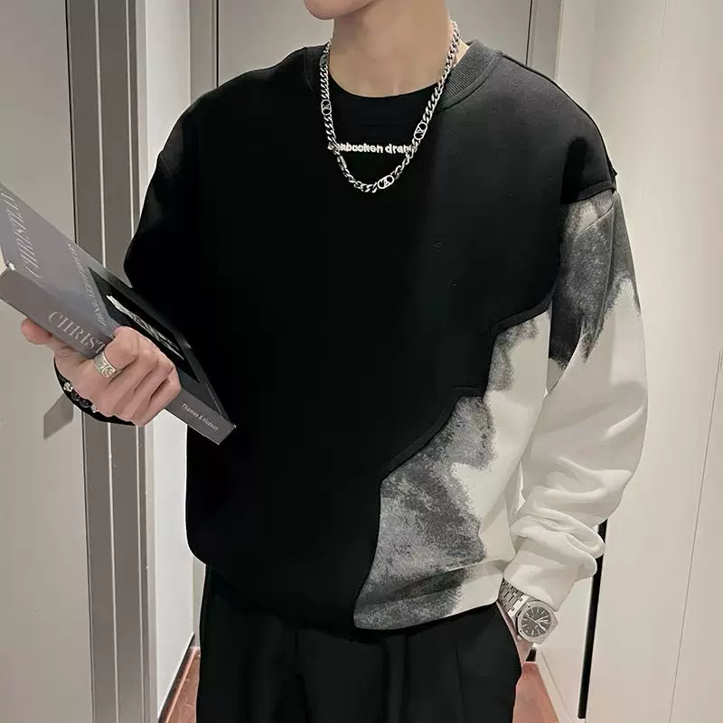 秋冬男士复古美式潮拼接渐变卫衣男时尚百搭渐变色宽松套头卫衣