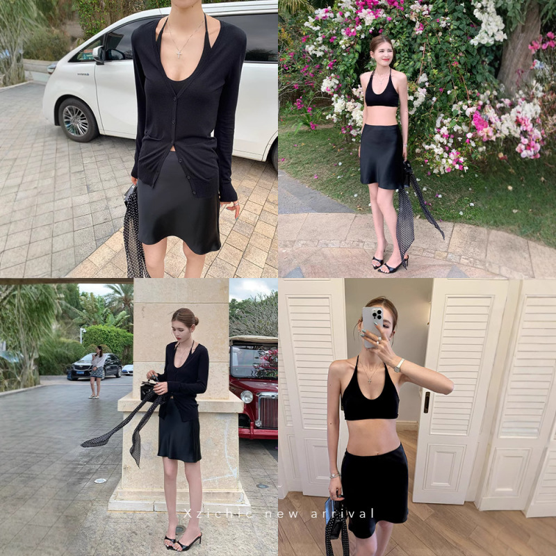 Xzichic缎面感醋酸半身裙女2025夏季新款摩登侧隐拉链斜裁短裙子|undefined