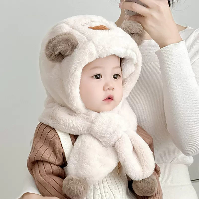 儿童帽子围巾一体帽秋冬款可爱小熊保暖加厚毛绒帽男女宝宝护耳帽