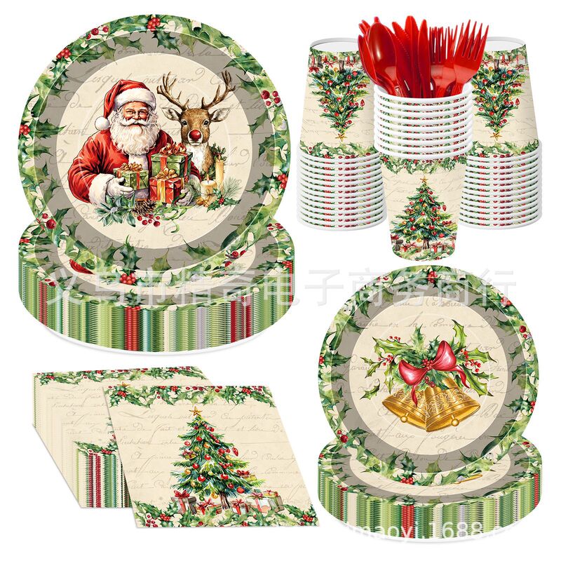 New Cross-Border Retro Christmas Theme Paper Plate Set Holiday Party Decoration Paper Cups and Paper Towels Disposable Tableware