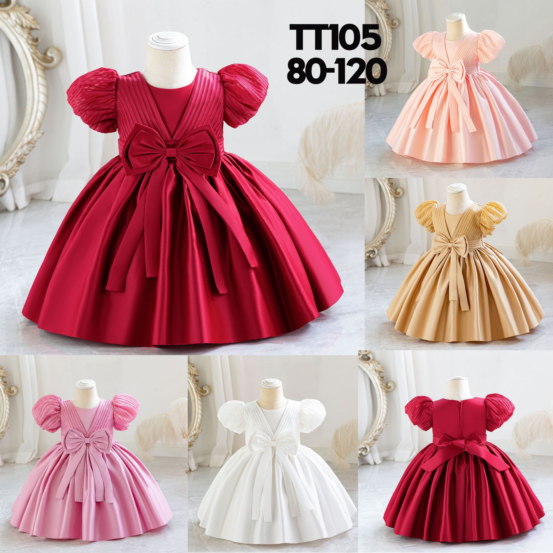 Robe d'anniversaire pour enfant Robe d'anniversaire pour enfant Robe de princesse de première année à rayures en satin avec nœud_voghion.com