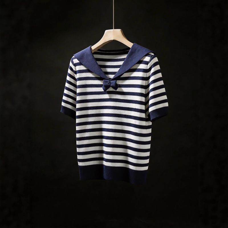 Navy Collar Color-Block Striped Pullover Bowknot V-Neck Short-Sleeve Sweater Knit Top for Women, Summer Casual Soft Top