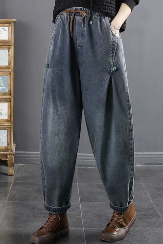 Spring slimming elastic waist washed blue disc buckle loose dad Harlan jeans pants casual jeans for women