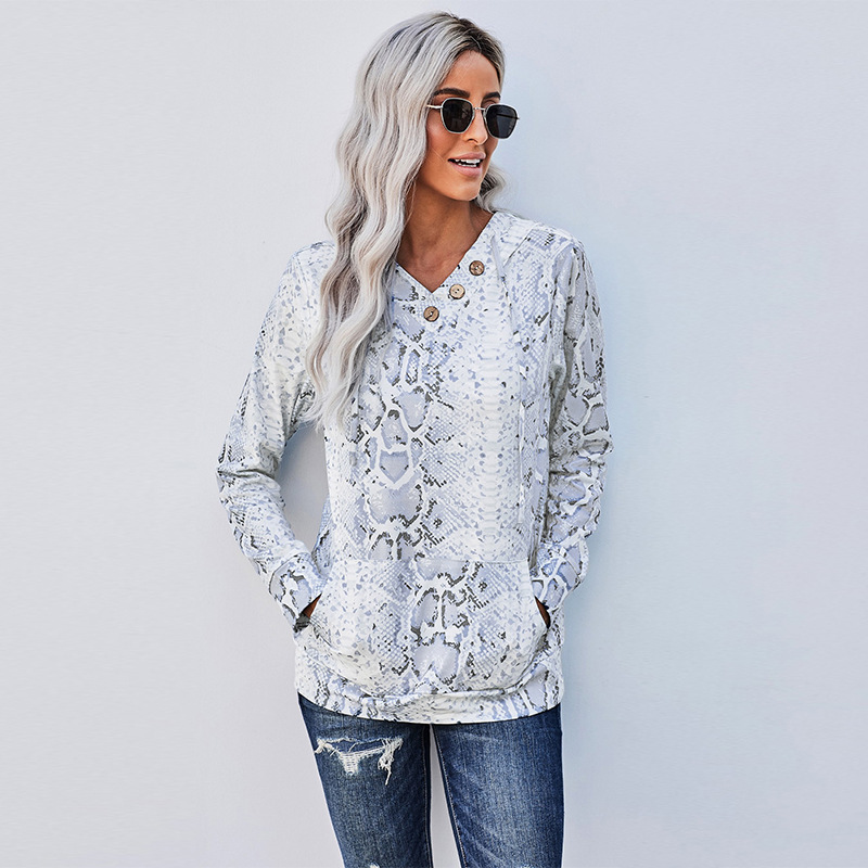 时颖欧美卫衣女2022秋冬新款印花排扣半开襟有口袋休闲连帽女卫衣