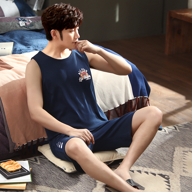 [personalizada] pijamas de verano de algodón de manga corta de dos piezas chaleco casual delgado ropa de hombre se puede usar fuera