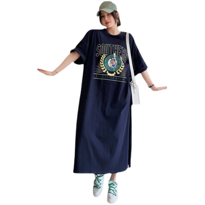 Летнее простое ленивое платье до колен Chubby Girl больших размеров с разрезом 2023 новое длинное корейское платье 200 кг