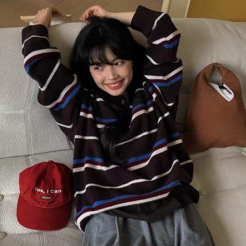 2025秋冬新款韩系学院风条纹针织套头衫简约POLO领宽松减龄毛衣女|undefined