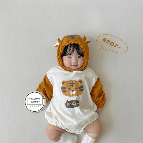 24 spring new Korean baby jumpsuit ins style tiger style hooded baby bag fart clothing baby harem