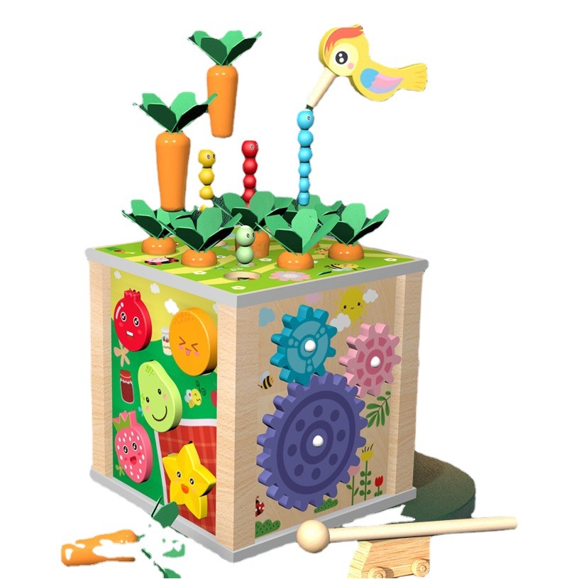 Caja de tesoro multifuncional nueve en uno de madera para niños de CPC CE transfronterizo que toca el piano y tira de bloques de construcción a juego de frutas de rábano