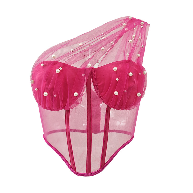 Estilo caliente transfronterizo europeo y americano de malla de encaje de tul transparente sexy puro deseo top de mujer con botón de perlas sujetador de hueso de pescado