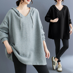 Real shot 2024 autumn and winter new chubby girl plus size women's clothing meat covering slimming Korean hooded sweater fleece-lined top women