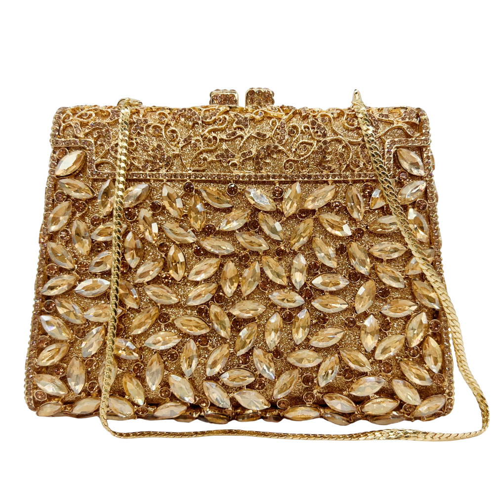 Túi clutch nữ đính kim cương dự tiệc phong cách châu Âu – túi vuông nhỏ cầm tay — vàng chi tiết 1