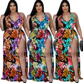 MY918跨境大码女装 2022夏季新款吊带连体裤加雪纺外套亚马逊新品