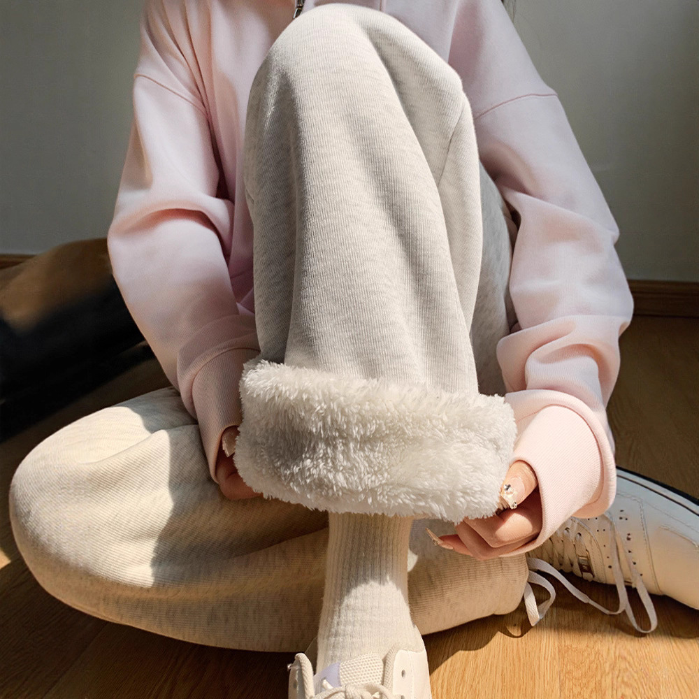 灰色羊羔绒运动裤女秋冬宽松束脚棉裤加绒加厚阔腿裤直筒休闲卫裤