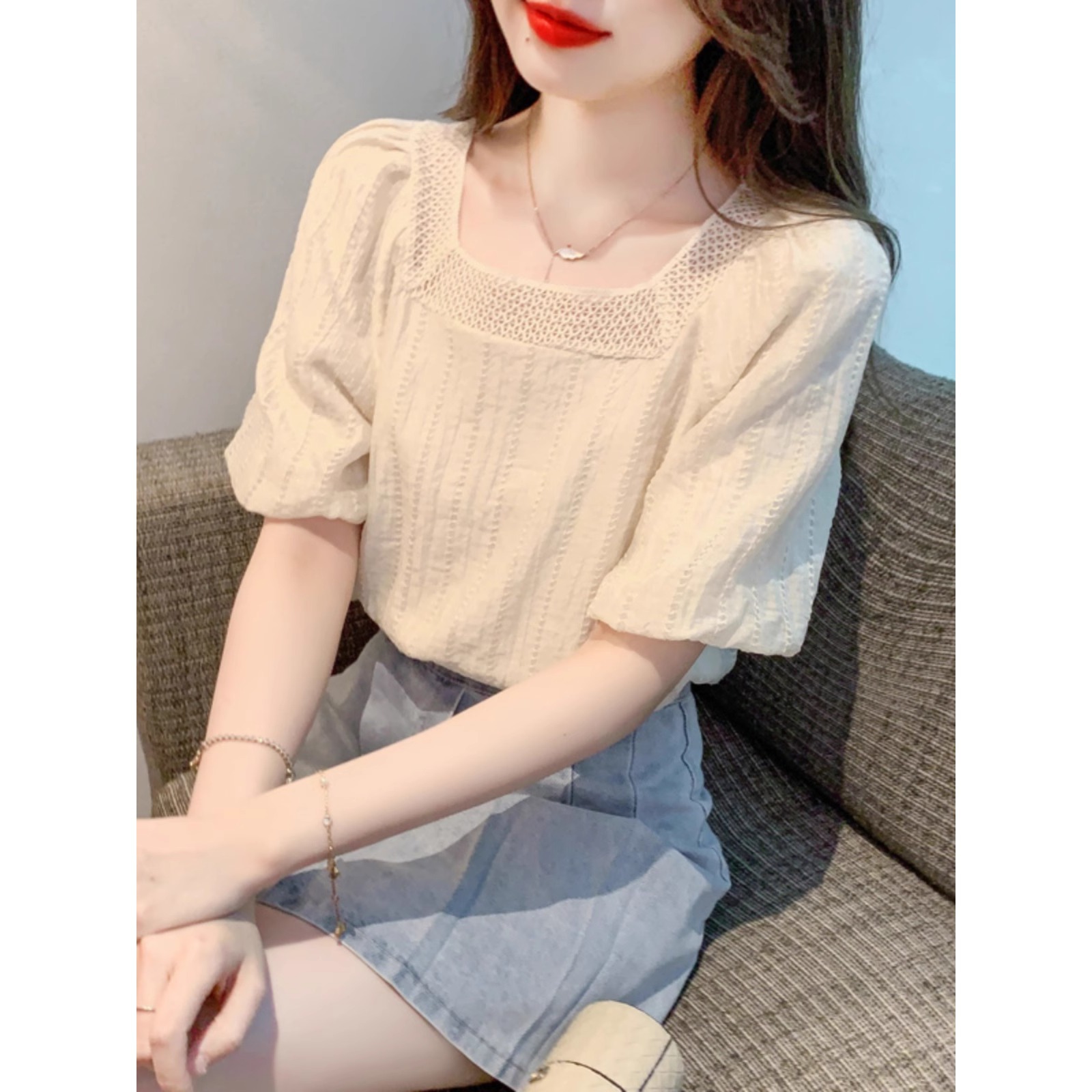 Áo sơ mi voan ngắn tay kiểu Pháp che bụng tôn dáng nữ — Màu mơ