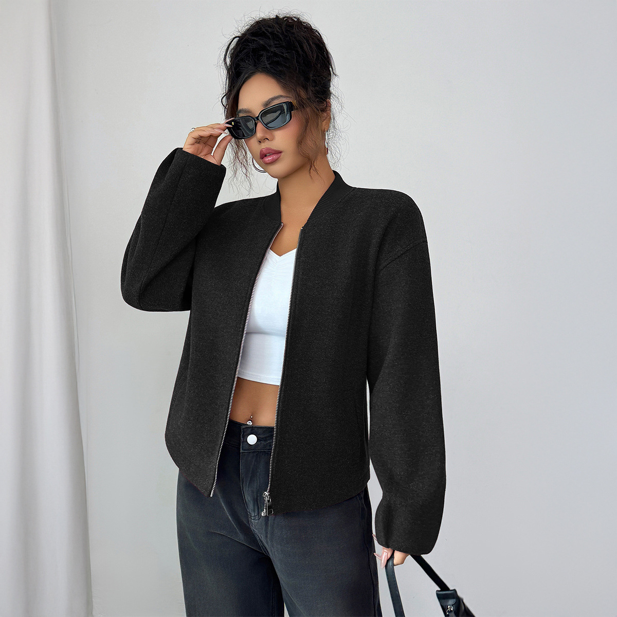 Elegant Zip-Up Long Sleeve Jacket – Polyester Wrinkle-Resistant Coat For Women (D2547010) Full-Zip Versatility_voghion.com