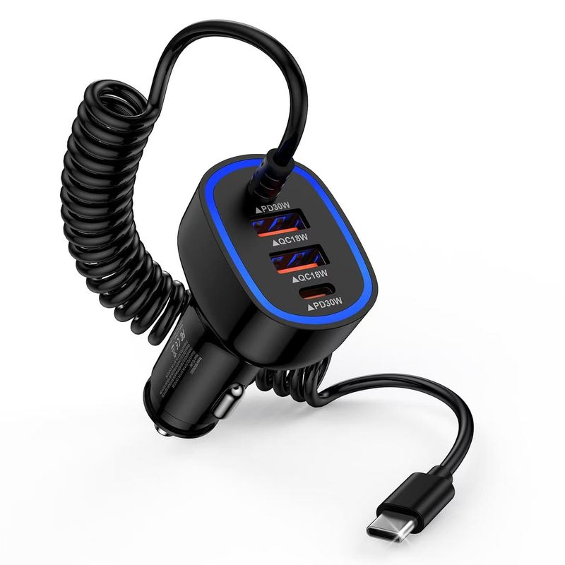 78W快充PD车充Car charger弹簧线四合一车载充电器快速汽车点烟器|undefined