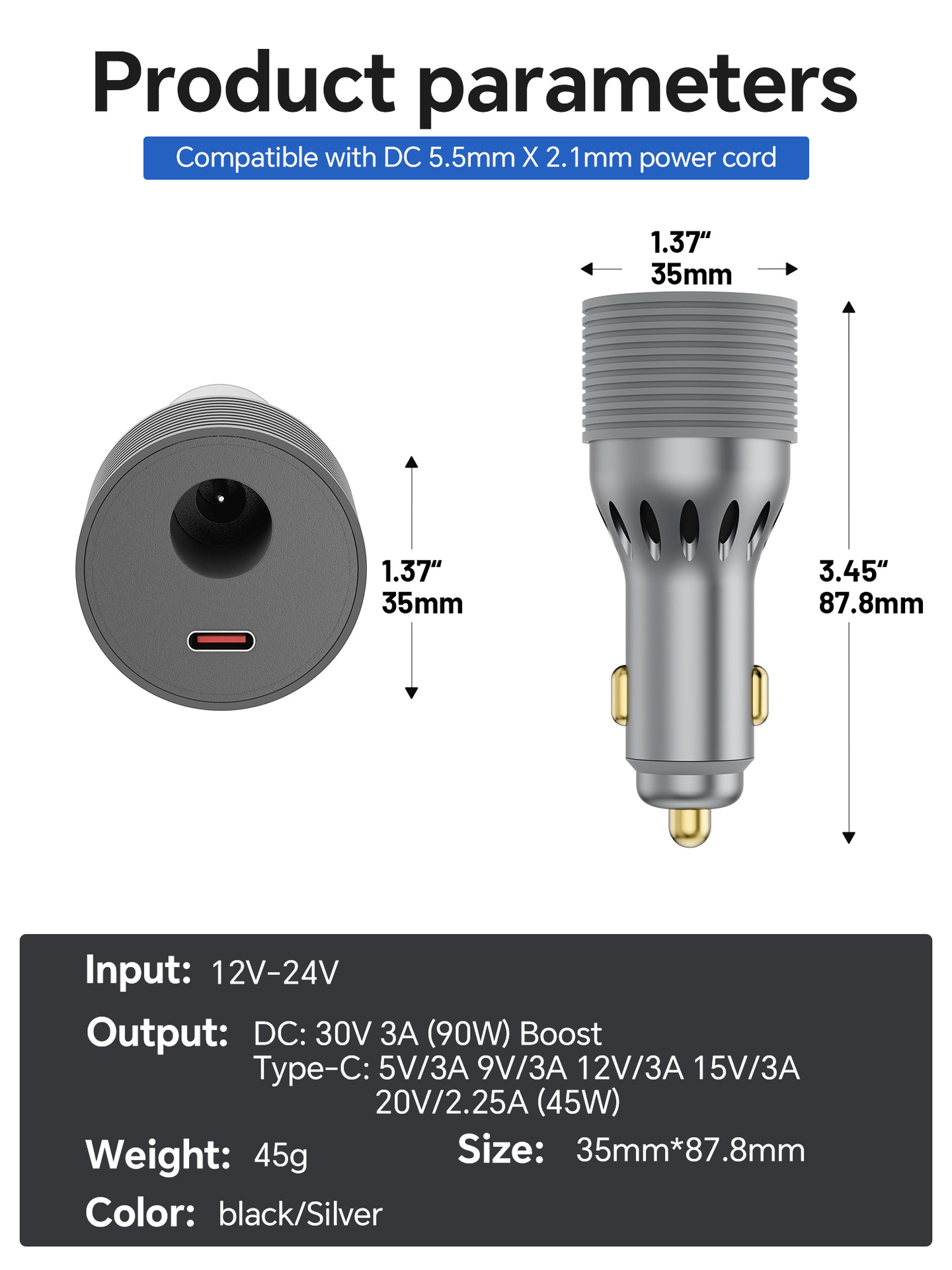 New 12V/24V Car Charger with 30V3A Boost Function, Portable for Camping and RVs, Car Cigarette Lighter Charger with DC Port