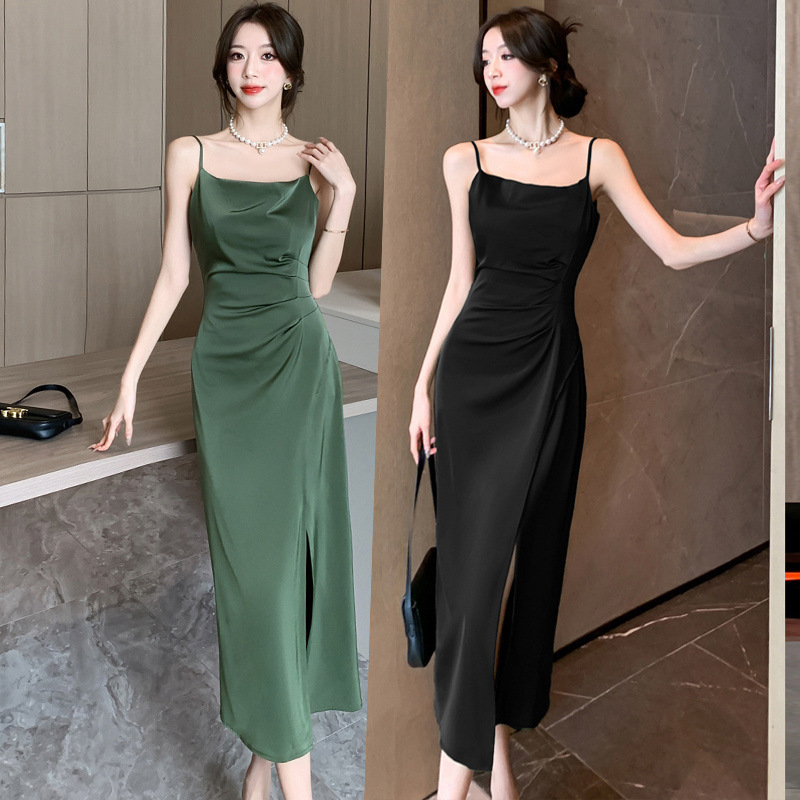 French Acetic Acid Satin dress Suit with Sling Women's Spring and Summer Pleated Split Light Mature Dress