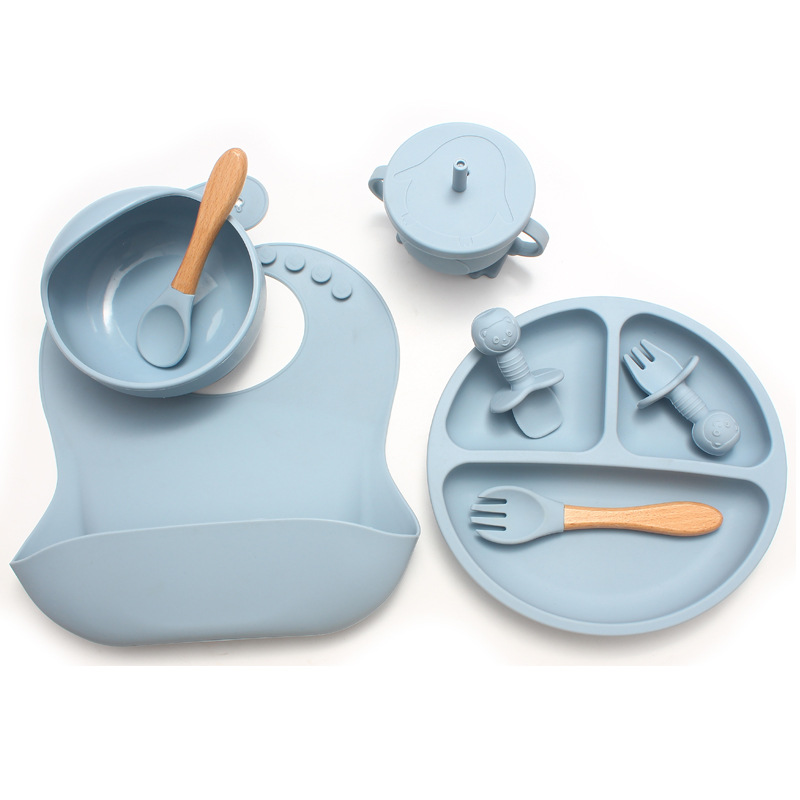Amazon ベストセラー子供用食器セットスマイリーフェイスシリコンディナープレート離乳食ボウルよだれかけスプーンとフォーク卸売