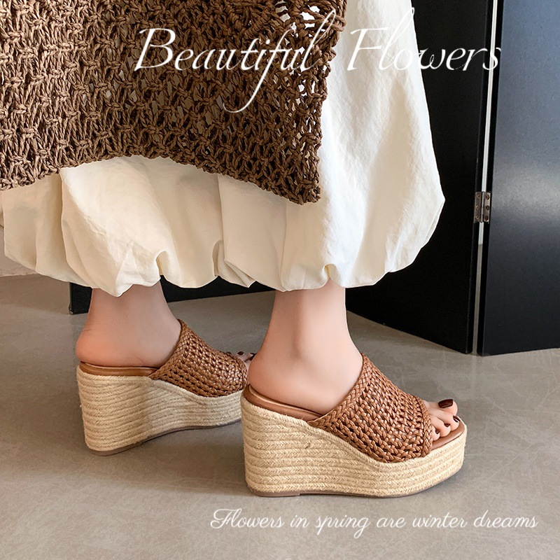 Dép sandal nữ đế xuồng cao gót mũi vuông phong cách boho — nâu, đen, trắng chi tiết 10