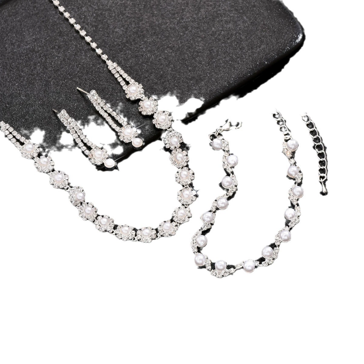 Fashionable silver accessory for bride, beads from pearl, necklace and earrings, bracelet, jewelry, set, Korean style