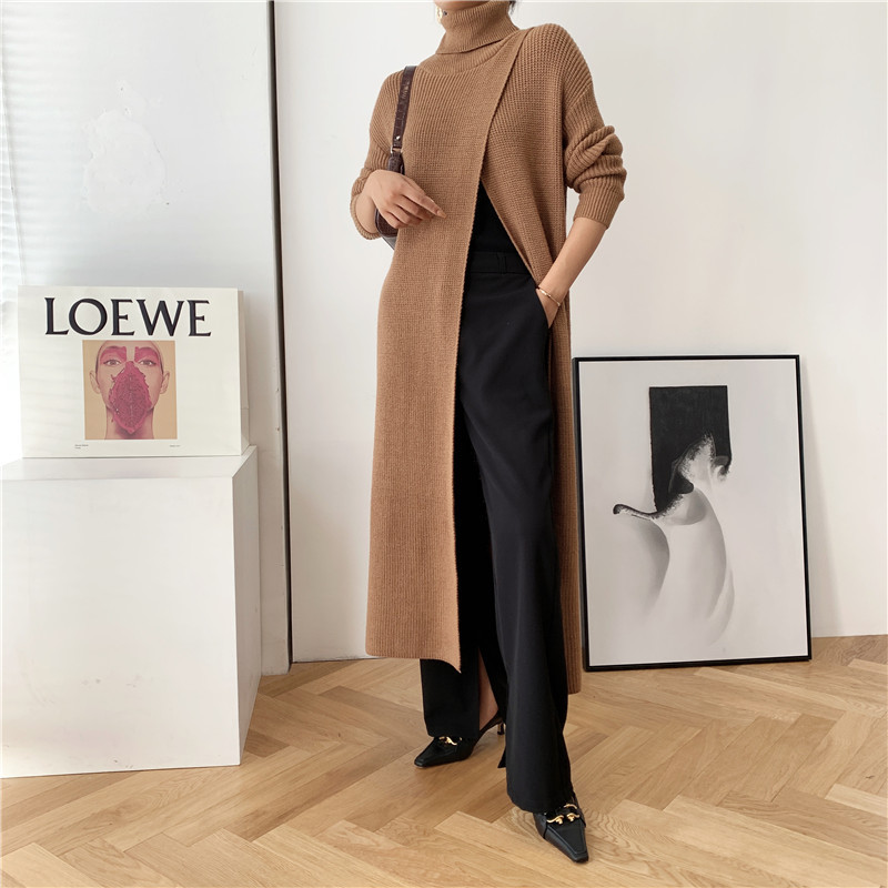 [Vestido suéter de punto largo estilo diosa, hecho por el fabricante, con abertura, jersey, capa base, negro]