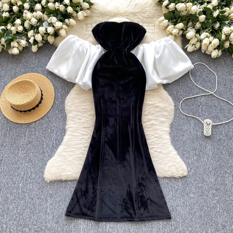 Cross-Border High-End Dress for Women's Dinner Party Host Dress Sexy Slim Velvet Tube Top Long Dress with Long