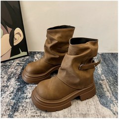 短靴女2025新款棕色靴子秋冬季堆堆靴厚底裤管靴黑色马丁靴小个子