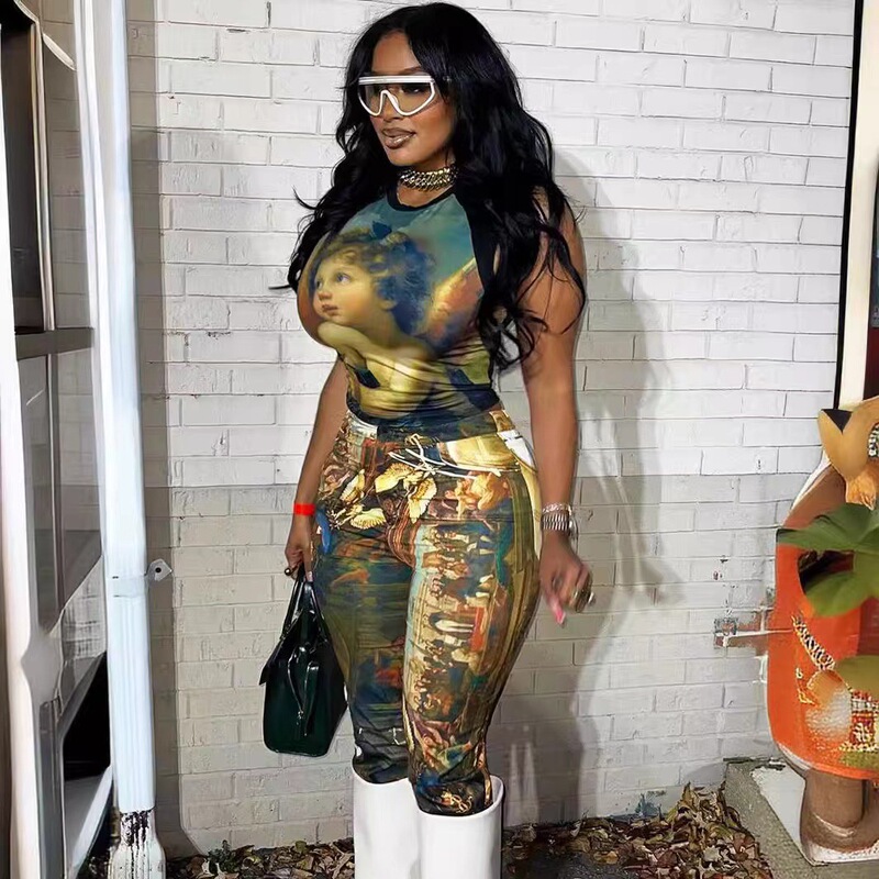 Fc1249 European and American Cross-Border Vintage Oil Painting Digital Positioning Print Set Summer Outfit Women's High-End Fashion