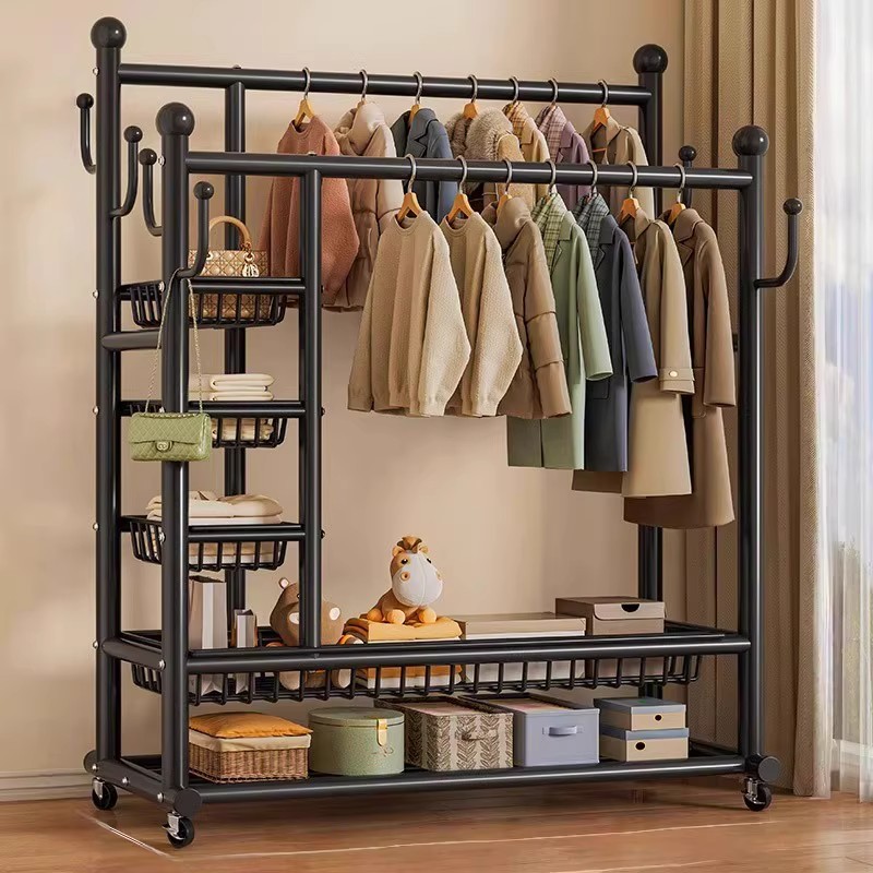 Movable Clothes Rack for Bedroom, Thickened Balcony Metal Floor-Standing Clothing Storage Rack, Mobile Basket Coat Rack