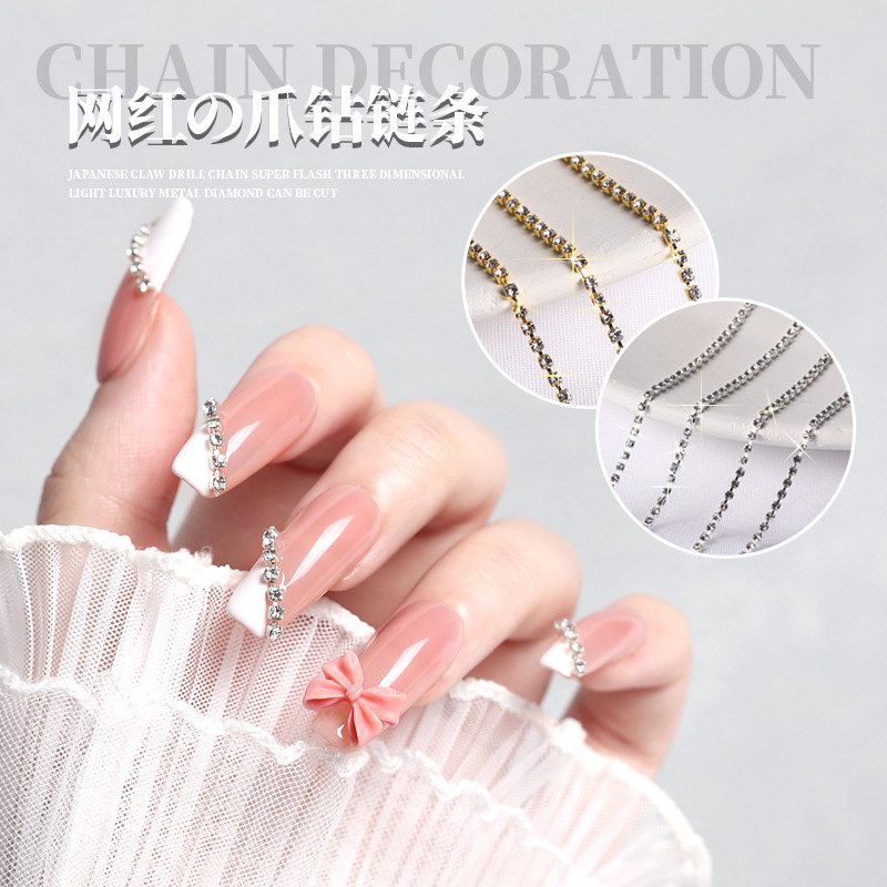 Accesorios de diamantes de cadena de diamantes de uñas de celebridad en línea nuevo Super Flash rhinestone Luz de lujo ZIRCON metal oro y plata decoración de fototerapia de uñas