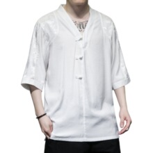 新中式龙纹提花拼接衬衫男夏季新款中国风领汉服宽松冰丝短袖恤