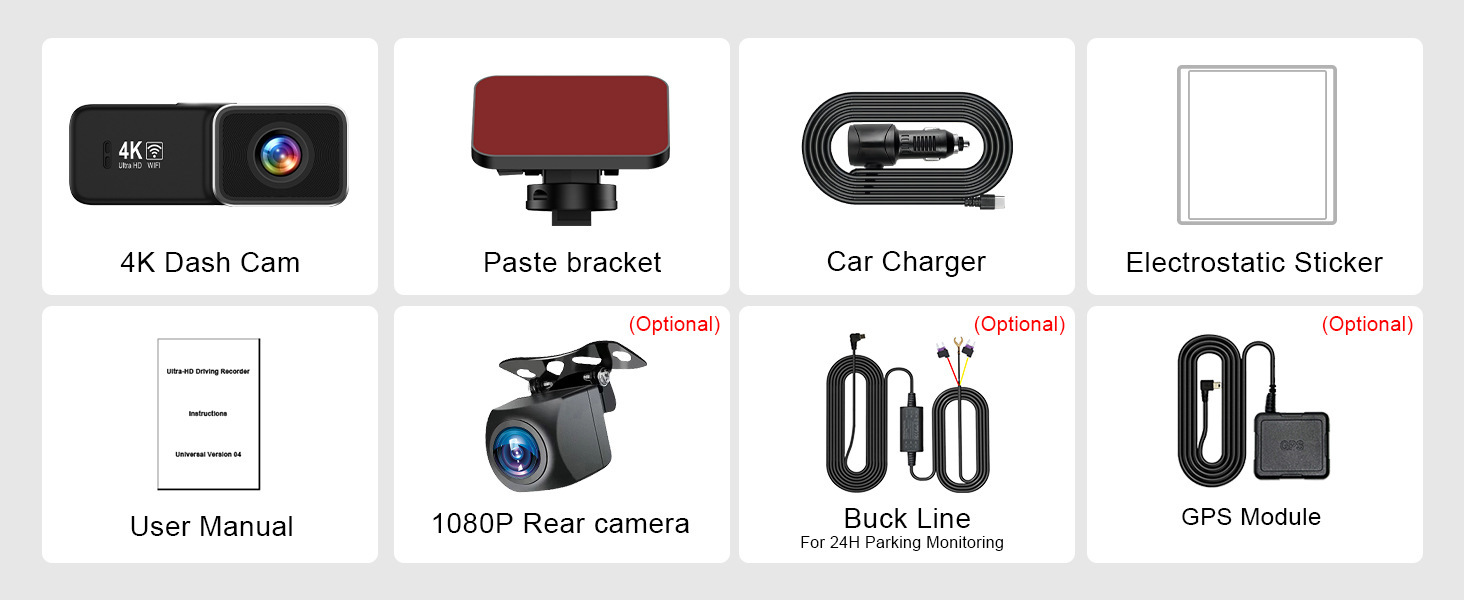 4K Front and Rear Dual Camera Dash Cam Wifi Ultra HD Night Vision 24H Parking Monitoring GPS Backup Camera