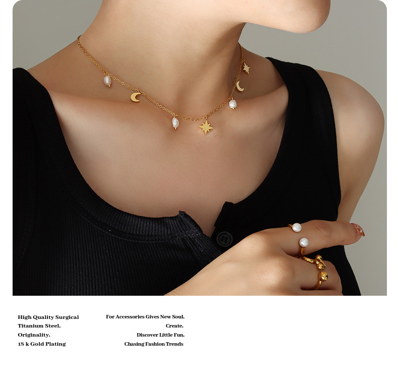 Fashion Star Moon Titanium Steel Necklace Luminous Pearl Stainless Steel Necklaces 1 Piece