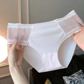 法式缎面网纱蕾丝蝴蝶结浪漫少女镂空花边甜美纯欲简约女三角内裤