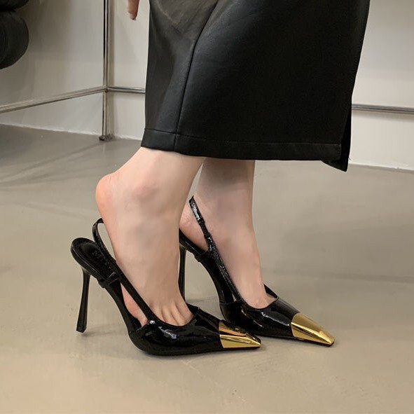 High-Heeled Shoes for Women, Golden Iron-Toed Ladies, Yang Shulin Patent Leather Black Women's Shoes, Stiletto Heels, Sexy Small Square-Toe Toe Sandals