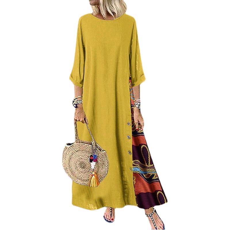 Amazon Europa y América otoño retro flor cuello redondo contraste botón costura tres cuartos vestido de manga extragrande image 1