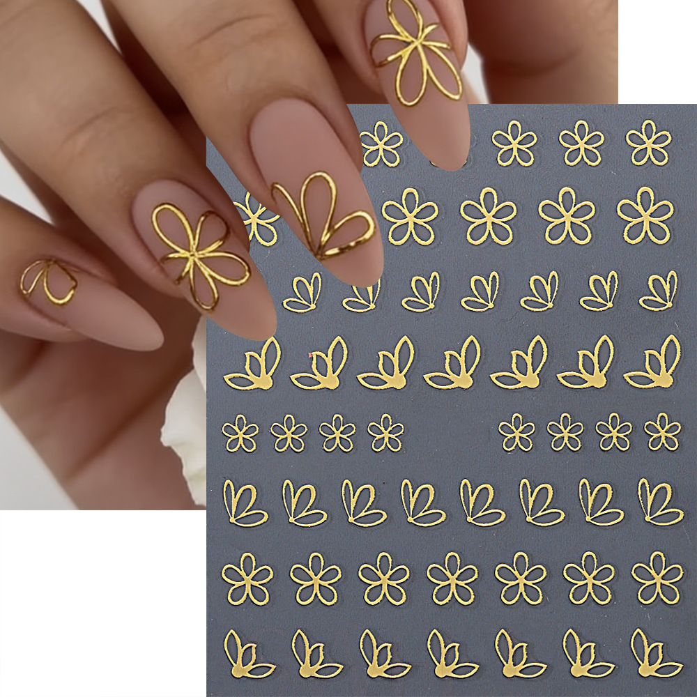 Cross-Border Ins-Style Floral Nail Stickers, Spring and Summer Hot Items, Cherry Blossom Gold and Silver Hollow Flower Adhesive Nail Stickers