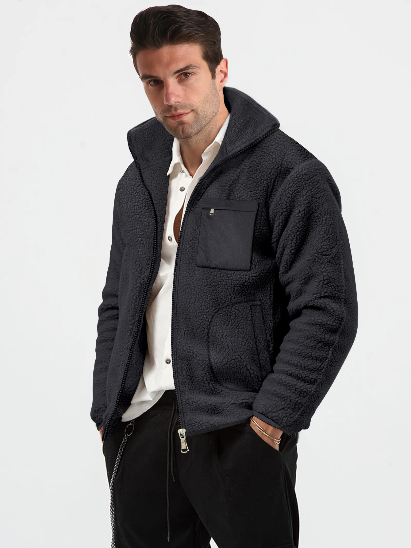 Men's Fleece Jacket Stand Collar Winter Cardigan For Men_voghion.com