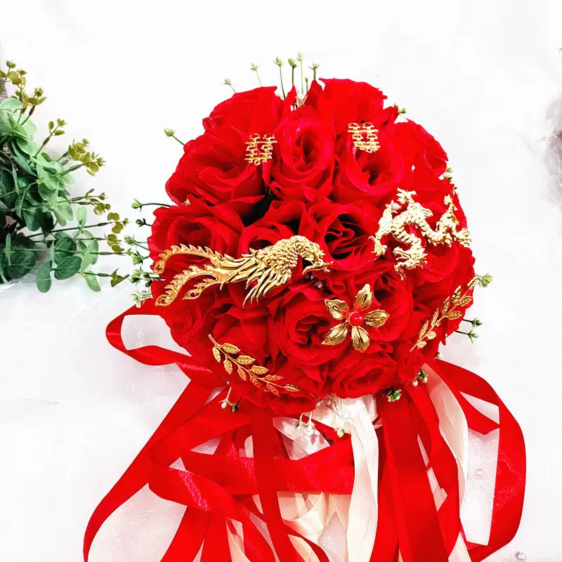 新娘玫瑰手捧花束拍摄婚礼结婚道具批发中式禾服绢花手捧手工花