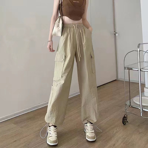 Summer Quick-Dry Work Pants for Women, Khaki Color, Loose Fit, Slimming Straight Leg, American Style Drawstring Sports Pants
